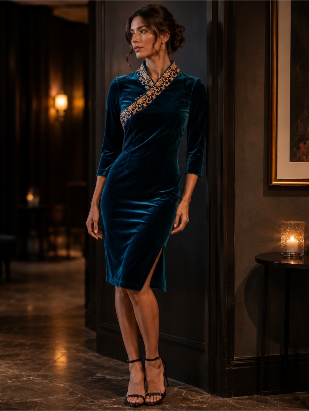 Faeriesty Teal Velvet Embroidered Midi Dress XS NWOT Asian Inspired